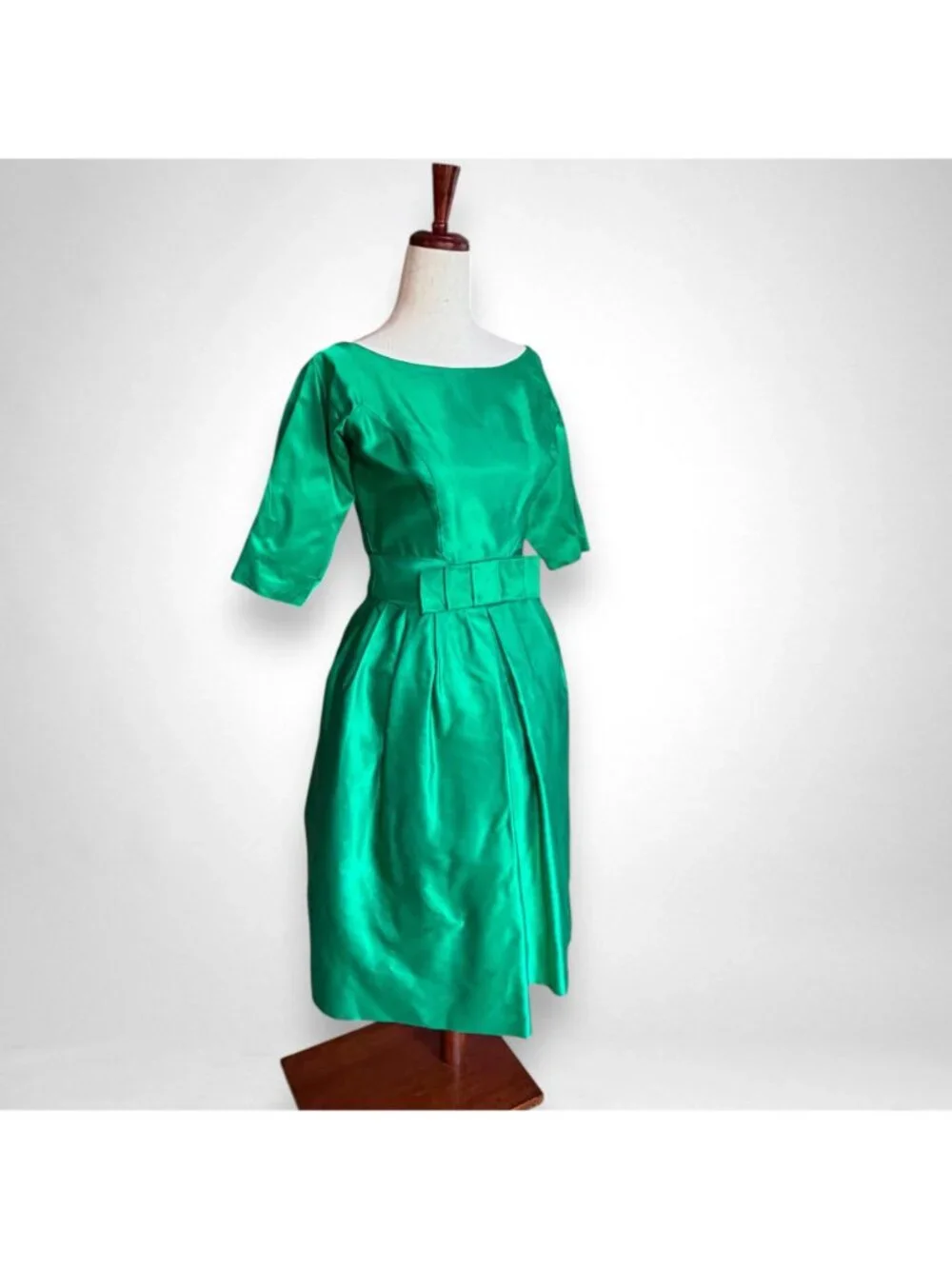 Vtg Lorrie Deb San Francisco Emerald Green Satin Cocktail Dress XS 1950s - Picture 4 of 9
